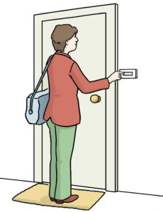 Eine Person steht vor einer Tür und klingelt.